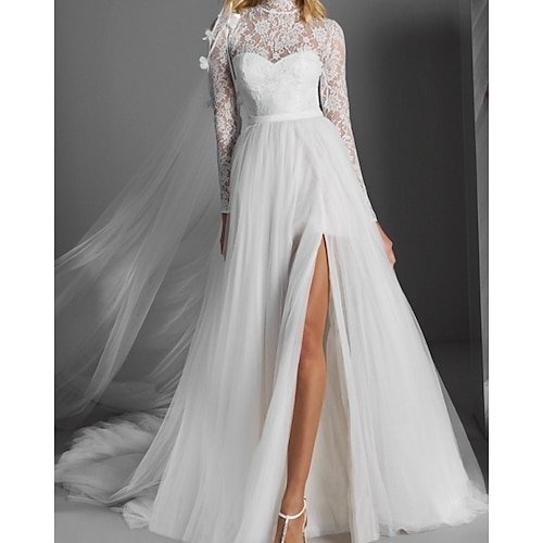 

Sheath / Column Wedding Dresses High Neck Court Train Lace Tulle Long Sleeve Country Simple with Split Front 2022