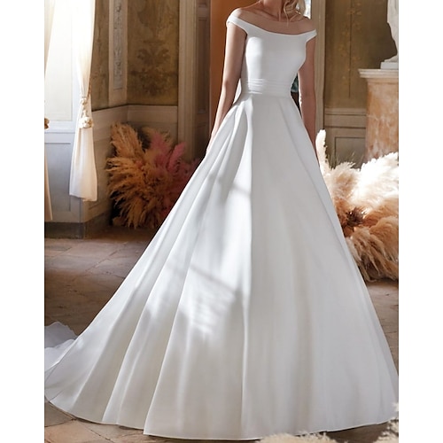 

A-Line Wedding Dresses Off Shoulder Floor Length Satin Sleeveless Country Simple with Bow(s) 2022