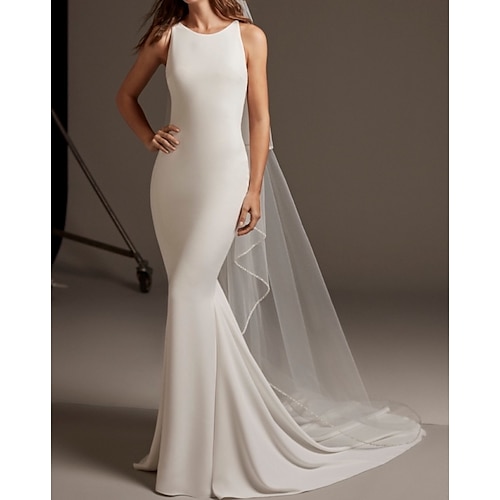 

Mermaid / Trumpet Wedding Dresses Jewel Neck Sweep / Brush Train Lace Stretch Satin Sleeveless Country Simple with Appliques 2022