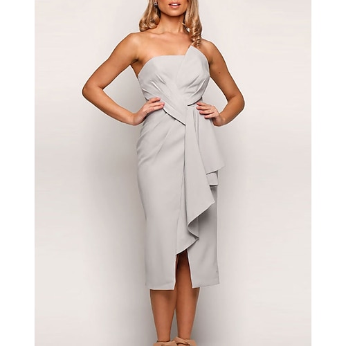 

Sheath / Column Bridesmaid Dress Strapless Sleeveless Elegant Tea Length Jersey with Split Front / Ruching 2022