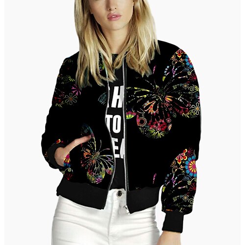 

Women's Jacket Bomber Jacket Varsity Jacket Sport Going out Spring Summer Winter Regular Coat Zipper Stand Collar Regular Fit Warm Active Streetwear Jacket Long Sleeve Print Patchwork Print Black