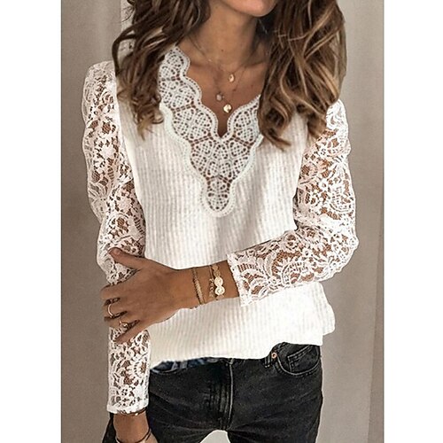 

Women's Pullover Hollow Out Knitted Solid Color Basic Cotton Long Sleeve Loose Sweater Cardigans V Neck Fall Winter White