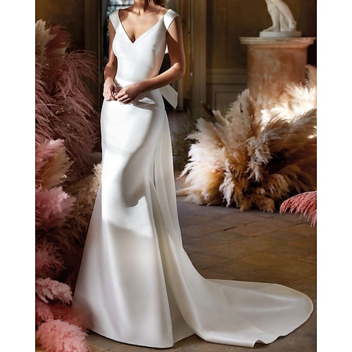 

Mermaid / Trumpet Wedding Dresses V Neck Sweep / Brush Train Satin Sleeveless Country Simple with Bow(s) 2022