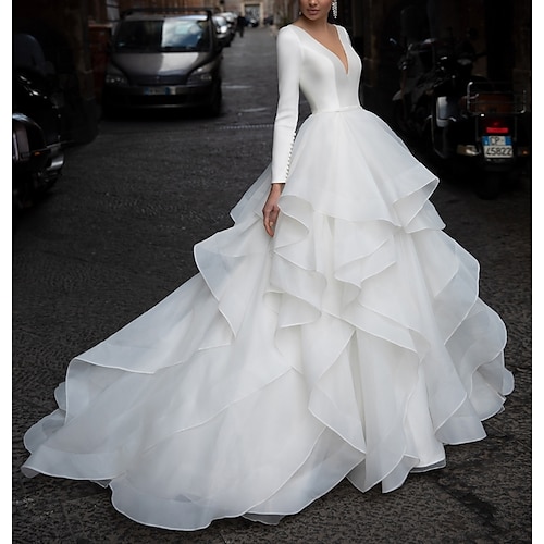 

A-Line Wedding Dresses V Neck Court Train Organza Satin Long Sleeve Formal Luxurious with Pick Up Skirt Cascading Ruffles 2022