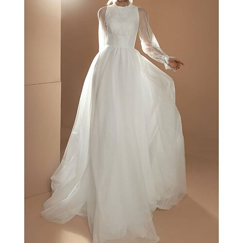 

A-Line Wedding Dresses Jewel Neck Court Train Tulle Long Sleeve Simple with 2022