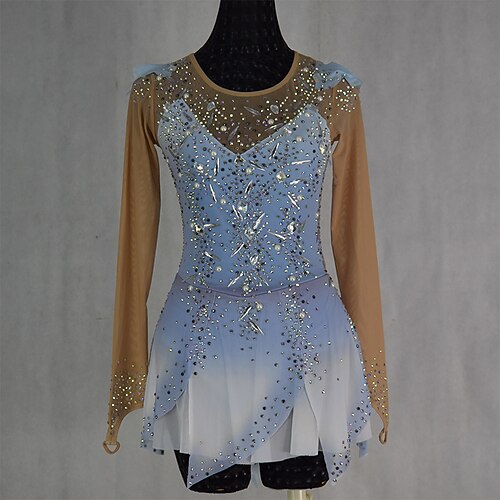 

Figure Skating Dress Women's Girls' Ice Skating Dress Outfits BlueLight Blue Spandex High Elasticity Training Competition Skating Wear Handmade Patchwork Crystal / Rhinestone Long Sleeve Ice Skating