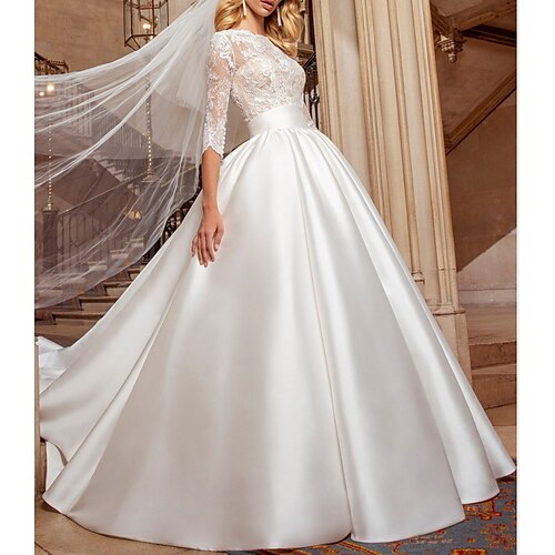 

A-Line Wedding Dresses Jewel Neck Chapel Train Lace Satin Half Sleeve Formal Luxurious with 2022