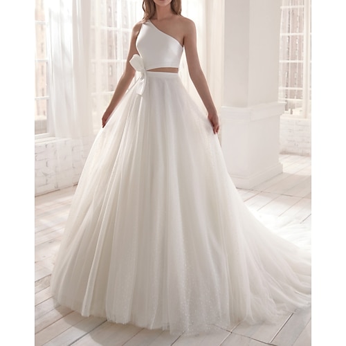 

Two Piece A-Line Wedding Dresses One Shoulder Court Train Satin Tulle Sleeveless Romantic Simple with Bow(s) 2022