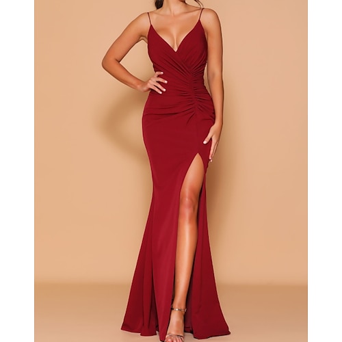 

Sheath / Column Bridesmaid Dress V Neck / Spaghetti Strap Sleeveless Elegant Floor Length Chiffon with Draping / Split Front 2022