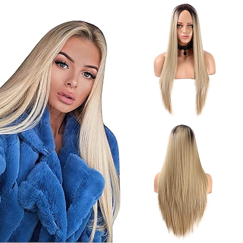 

Synthetic Wig kinky Straight Middle Part Wig Long Light Blonde Synthetic Hair 22 inch Women's New Arrival Middle Part Waterfall Blonde