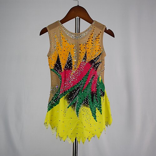 

Figure Skating Dress Women's Girls' Ice Skating Dress Outfits Red / Yellow Spandex High Elasticity Training Competition Skating Wear Handmade Patchwork Crystal / Rhinestone Sleeveless Ice Skating