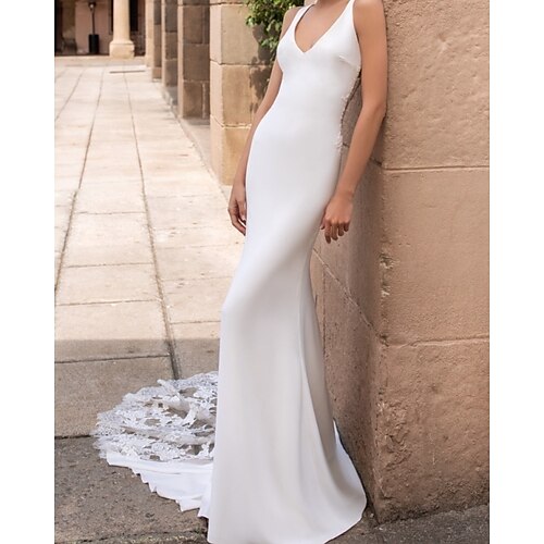 

Sheath / Column Wedding Dresses V Neck Court Train Lace Satin Sleeveless Country with 2022