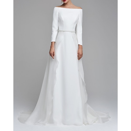 

A-Line Wedding Dresses Off Shoulder Court Train Detachable Chiffon Satin Long Sleeve Simple with 2022