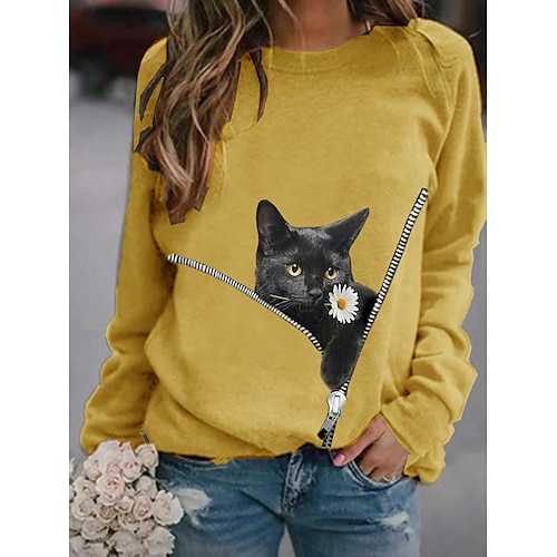 

Women's Hoodie Sweatshirt Pullover Basic Casual White Black Yellow Graphic Cat 3D Daily Round Neck Long Sleeve S M L XL XXL