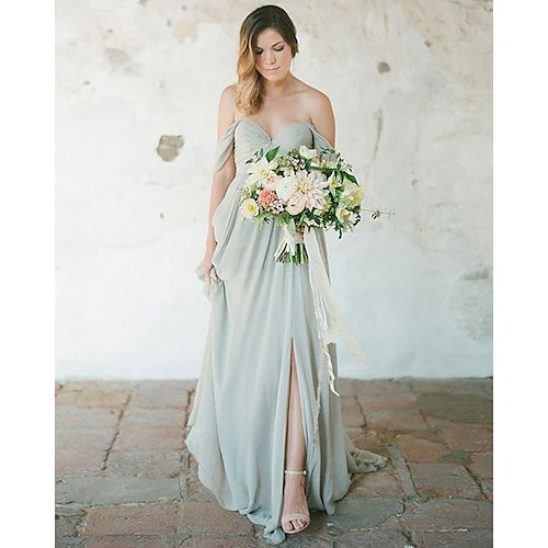 

A-Line Bridesmaid Dress Sweetheart Neckline Short Sleeve Furcal Floor Length Chiffon with Pleats / Split Front 2022