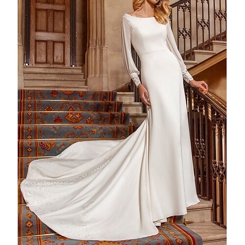 

Sheath / Column Wedding Dresses Jewel Neck Sweep / Brush Train Chiffon Stretch Satin Long Sleeve Simple Vintage with 2022