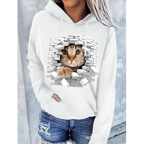 

Women's Hoodie Pullover Basic Casual Front Pocket White Graphic Cat 3D Daily Hooded Long Sleeve S M L XL XXL