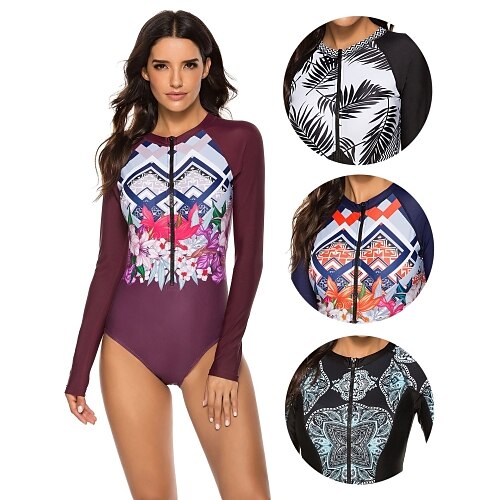 

Women's Rash Guard One Piece Swimsuit Bodysuit Bathing Suit UPF50 UV Protection Breathable Micro-elastic Long Sleeve Front Zip - Swimming Surfing Beach Water Sports Floral / Botanical Autumn / Fall