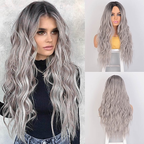 

Gray Wigs for Women Long Wavy Synthetic Wigs Long Water Wavy Wigs Ombre Wigs Grey Blonde Red Middle Part Cosplay Wigs ChristmasPartyWigs