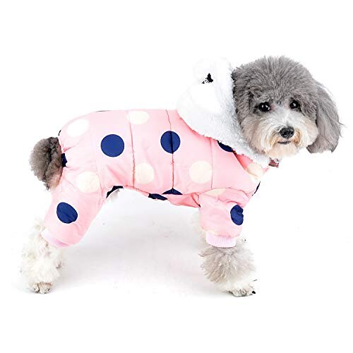 

small dog snowsuit waterproof winter coat polka dot warm fleece lined puppy hoodie with ears windproof overall jumpsuit pet cat parka snow suit chihuahua jacket clothes pink l