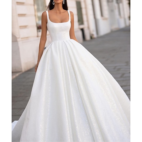 

A-Line Wedding Dresses Scoop Neck Floor Length Satin Sleeveless Simple with Pleats 2022