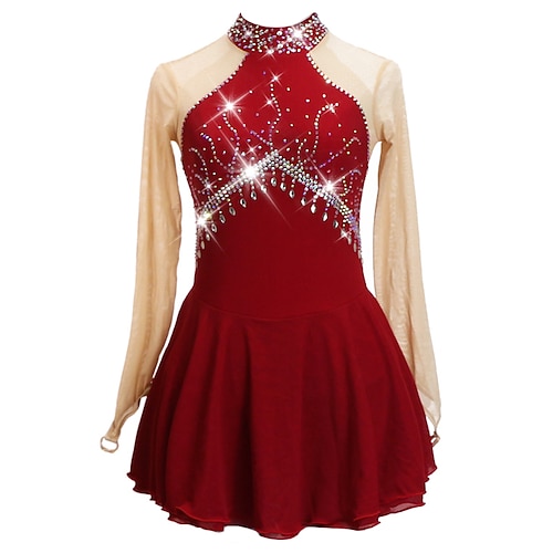 

Figure Skating Dress Women's Girls' Ice Skating Dress Outfits Red Backless Asymmetric Hem Mesh Spandex High Elasticity Training Competition Skating Wear Handmade Crystal / Rhinestone Long Sleeve Ice