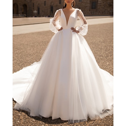 

A-Line Wedding Dresses V Neck Court Train Organza Satin Long Sleeve Country Simple with Pleats 2022