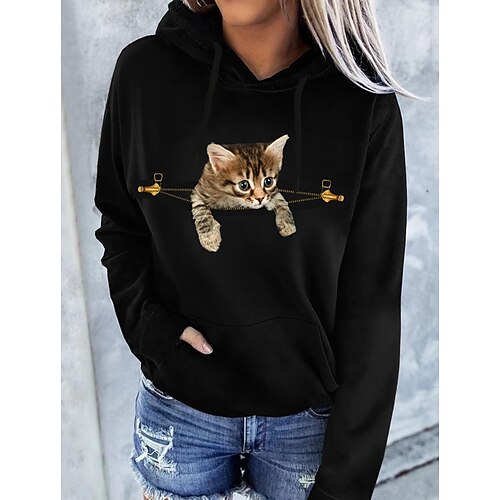 

Women's Hoodie Pullover Basic Casual Front Pocket White Black Graphic Cat 3D Daily Hooded Long Sleeve Cotton S M L XL XXL