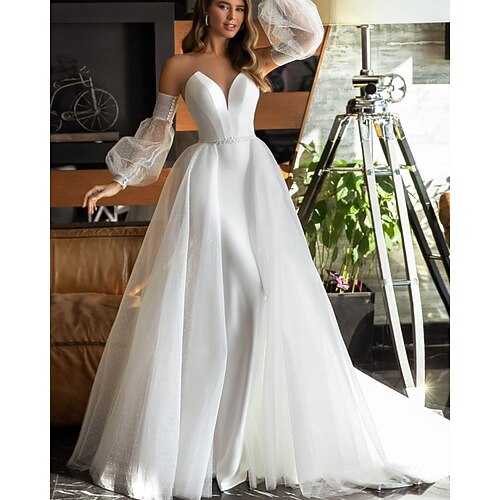 

A-Line Wedding Dresses V Neck Sweep / Brush Train Detachable Satin Tulle Long Sleeve Country with 2022