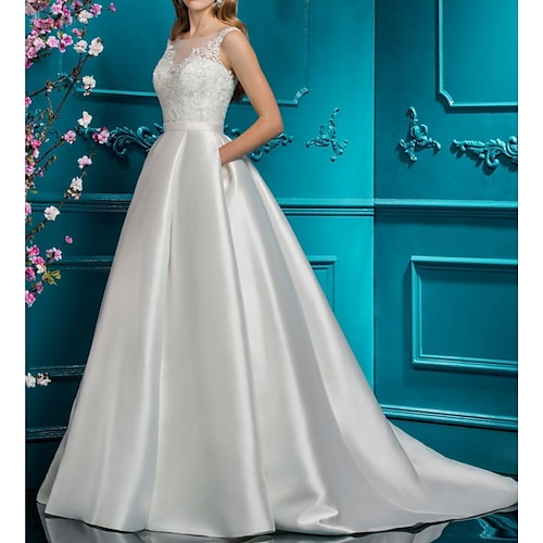 

A-Line Wedding Dresses Jewel Neck Sweep / Brush Train Lace Satin Sleeveless Simple with Pleats 2022