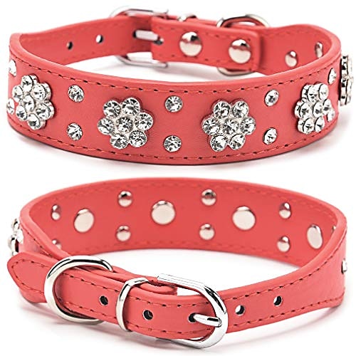 

dog leather pu collar,bling flower studded rhinestone dogs collars,adjustable buckle pet necklace collar,for small medium pets,red xs fba