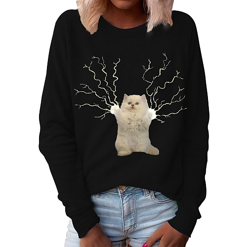 

Damen Schwarz Rundhalsausschnitt Graphic Katze 3D Täglich Basic Casual Bekleidung Kapuzenpullover Sweatshirts