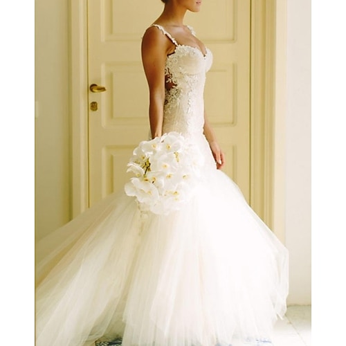 

A-Line Wedding Dresses V Neck Spaghetti Strap Jewel Neck Sweep / Brush Train Lace Tulle Sleeveless Country Beach with 2022