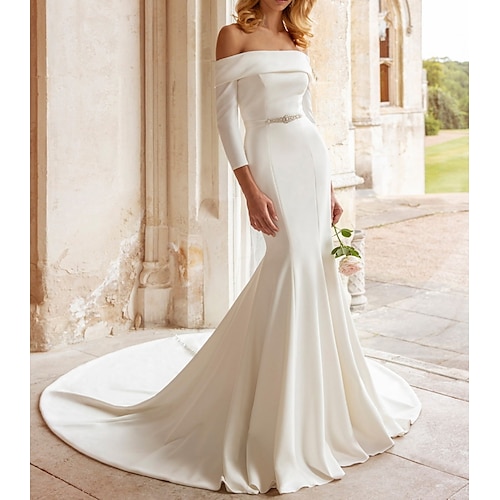 

Mermaid / Trumpet Wedding Dresses Off Shoulder Court Train Satin 3/4 Length Sleeve Country Simple Vintage with Sashes / Ribbons 2022