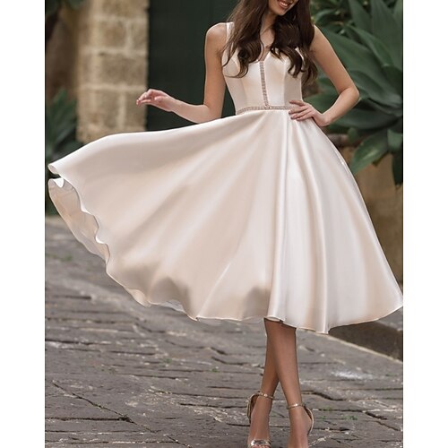 

A-Line Wedding Dresses V Neck Knee Length Satin Sleeveless Simple Vintage Little White Dress 1950s with 2022