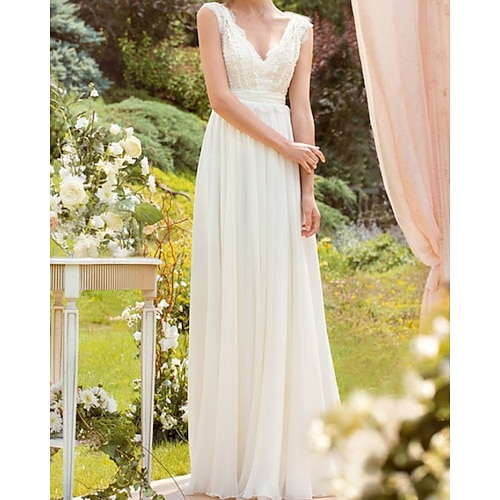 

Sheath / Column Wedding Dresses V Neck Floor Length Chiffon Lace Sleeveless Country Beach with Sashes / Ribbons Appliques 2022