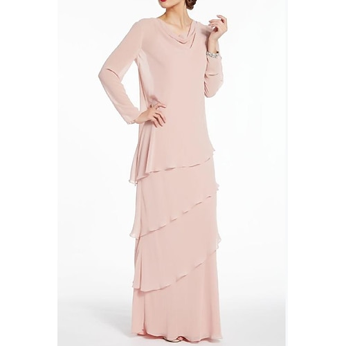 

Sheath / Column Mother of the Bride Dress Elegant Jewel Neck Floor Length Chiffon Long Sleeve with Ruffles 2022