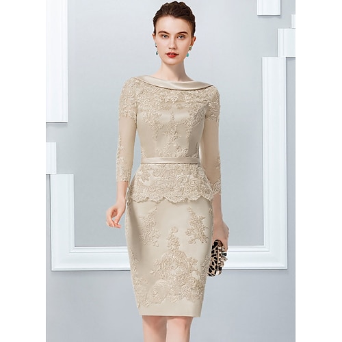 

Sheath / Column Mother of the Bride Dress Elegant Jewel Neck Knee Length Satin Lace 3/4 Length Sleeve with Lace Appliques 2022