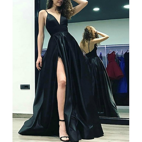 

A-Line Minimalist Sexy High Split Wedding Guest Formal Evening Dress Spaghetti Strap Sleeveless Sweep / Brush Train Satin with Sleek Slit 2022