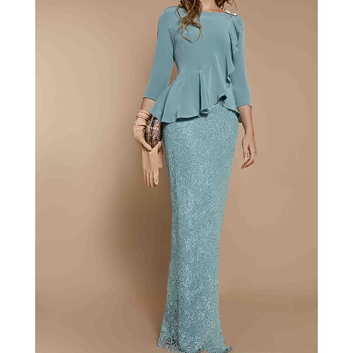 

Sheath / Column Mother of the Bride Dress Elegant Jewel Neck Floor Length Lace Stretch Satin Long Sleeve with Ruffles 2022
