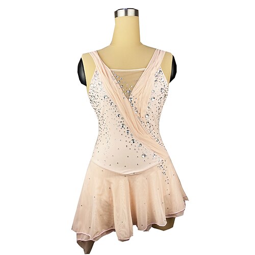 

Figure Skating Dress Women's Girls' Ice Skating Dress Outfits Champagne Spandex High Elasticity Training Competition Skating Wear Handmade Patchwork Crystal / Rhinestone Sleeveless Ice Skating Figure