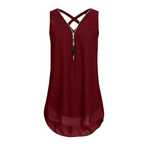 

Women 2018 New Sleeveless Tank Top Cross Back Hem Layed Zipper T Shirts Tops Blouse Wine
