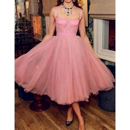 

A-Line Celebrity Style Vintage Engagement Prom Dress Spaghetti Strap Sleeveless Tea Length Tulle with Pleats 2022