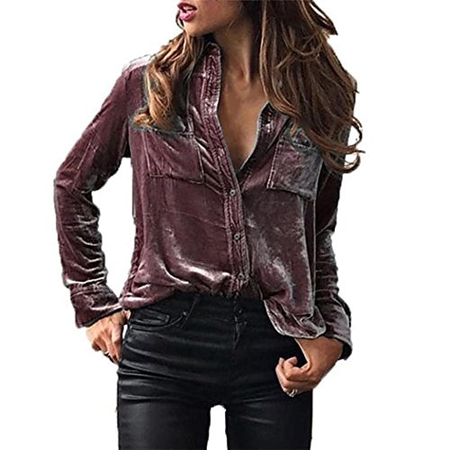 

Women's Blouse Shirt Wine Red Grayish purple Blue Pocket Long Sleeve Street Casual Basic Elegant Shirt Collar Velvet S