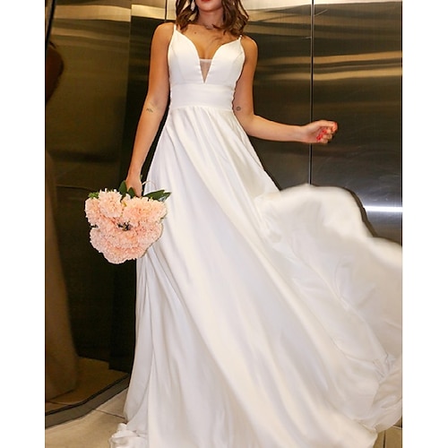 

A-Line Wedding Dresses V Neck Sweep / Brush Train Chiffon Charmeuse Sleeveless Simple Beach with Lace Pleats 2022