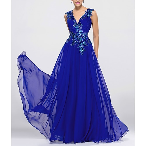 

A-Line Beautiful Back Sparkle Wedding Guest Formal Evening Dress V Neck Sleeveless Floor Length Chiffon with Sequin Appliques 2022