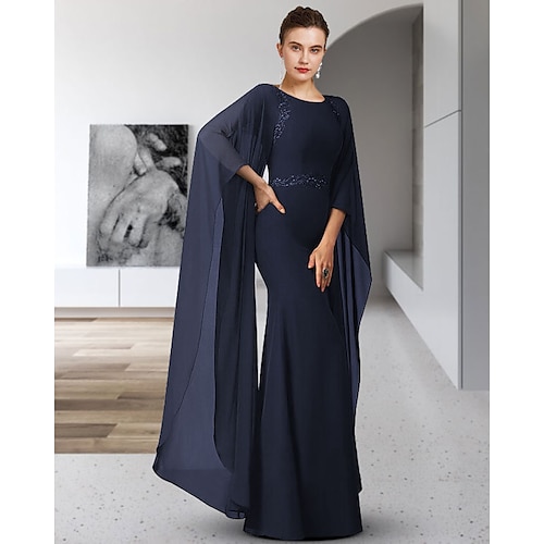 

Sheath / Column Mother of the Bride Dress Elegant Jewel Neck Floor Length Chiffon Long Sleeve with Sash / Ribbon Appliques 2022