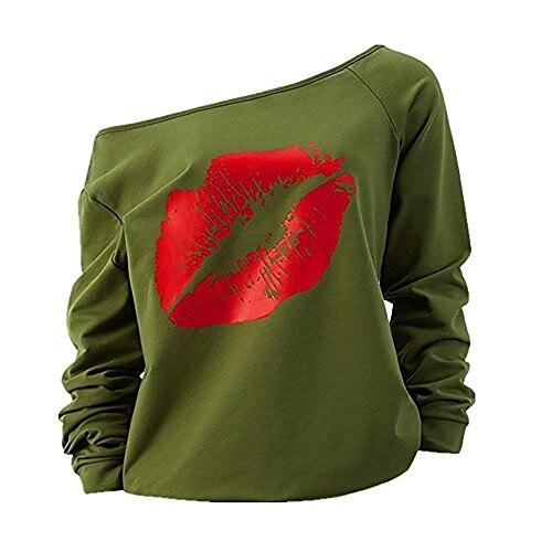 

Women's Sexy Pullover Lips Print Casual Off The Shoulder Slouchy Shirt (GreenRed, XL)