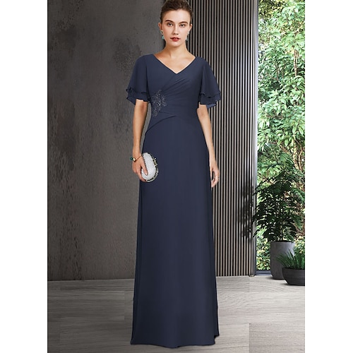 

Sheath / Column Mother of the Bride Dress Elegant V Neck Floor Length Chiffon Short Sleeve with Appliques Ruching 2022