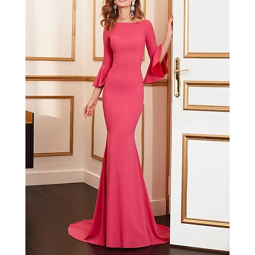 

Mermaid / Trumpet Evening Dresses Beautiful Back Dress Wedding Guest Court Train 3/4 Length Sleeve Boat Neck Spandex with Pleats 2022 / Formal Evening